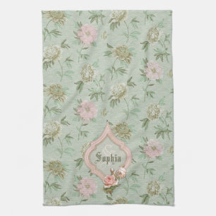 Linge De Cuisine Floral vert et rose chic Girly personnalisé