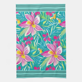 Linge De Cuisine Florales tropicales rose sur Turquoise multicolore