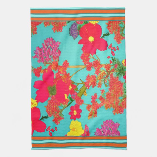 Linge De Cuisine Florales tropicales Turquoise, Orange, Jaune avec  (Vertical)