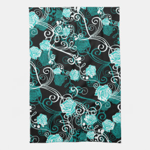 Linge De Cuisine Flore tendance Roses noires Turquoise et Blanche