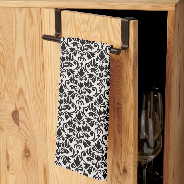 Linge De Cuisine Flourish Damask Pattern Black on Cream (Pliage en tiers)