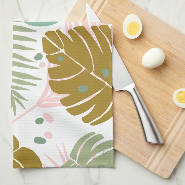Linge De Cuisine Foliage Tropical - Motif Monstère Et Feuille De Pa (Quart Plié)