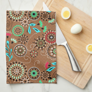 Linge De Cuisine Folk ethnique abstrait motif floral brun rétro