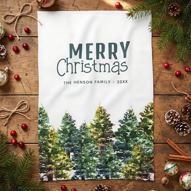 Linge De Cuisine Forêt de pins avec Aquarelle de neige Noël (Créateur téléchargé)