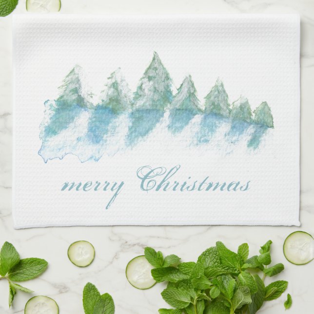 Linge De Cuisine Forêt d'hiver avec Aquarelle de neige Noël (Plié)