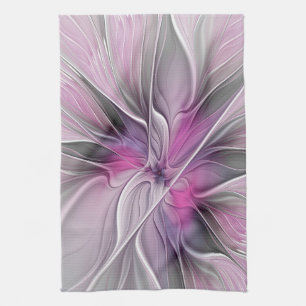 Linge De Cuisine Fractal Floral Moderne Abstrait Fleur Rose Gris