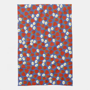 Linge De Cuisine Fraise rouge avec fond Navy White Basketweave