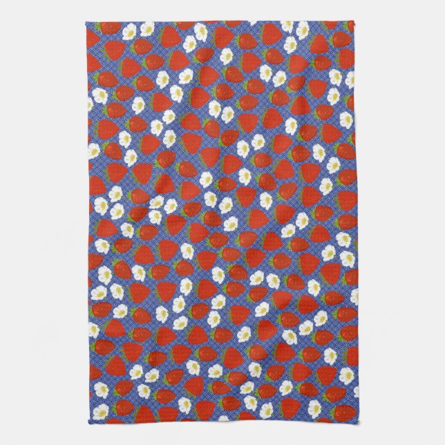 Linge De Cuisine Fraise rouge avec fond Navy White Basketweave (Vertical)