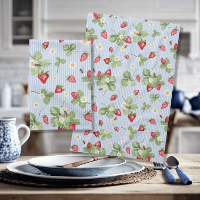 Linge De Cuisine Fraises d'abeilles Aquarelle Bleu Pinces (Créateur téléchargé)