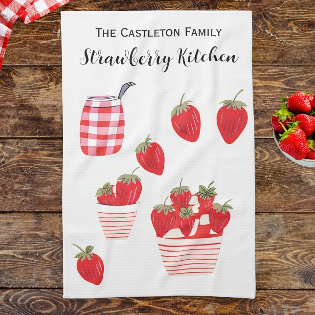 Linge De Cuisine Fraises et crème Été Rouge Blanc Joli (A pretty tea towel with strawberries and cream design. Personalize with a name at the top.)