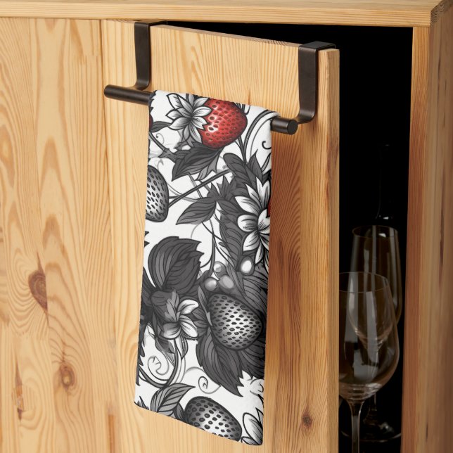 Linge De Cuisine Fraises noire, blanche et rouge partout (Pliage en tiers)