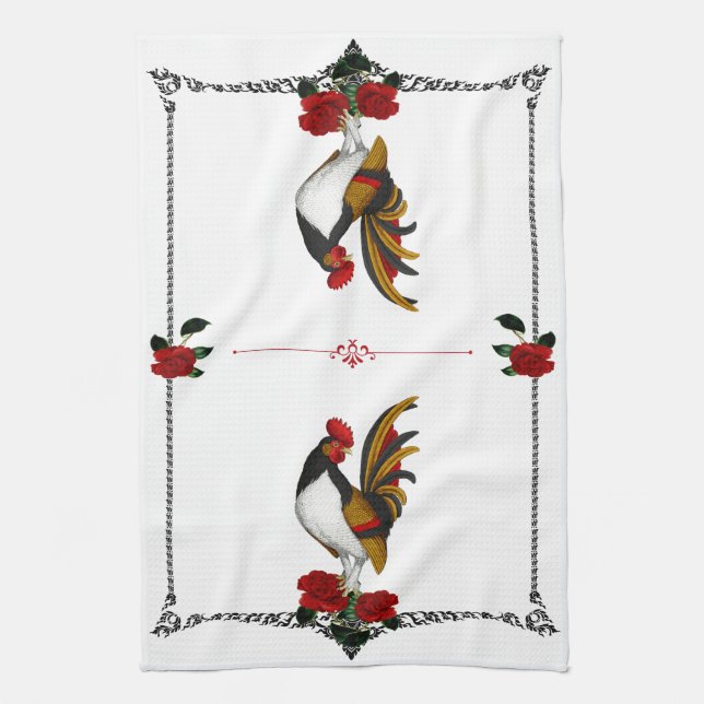 Linge De Cuisine French Country Farmhouse Roster Rouge Black Gold (Vertical)