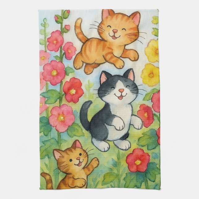 Linge De Cuisine Frolicking Country Chats in Flower Garden (Vertical)