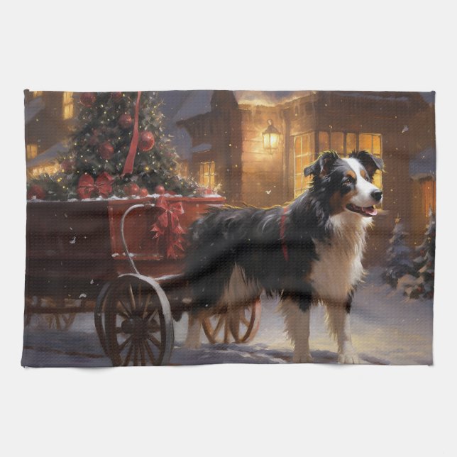 Linge De Cuisine Frontière Collie Festive de Noël (Horizontal)