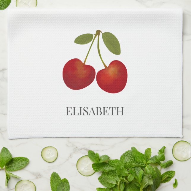 Linge De Cuisine Fruit Cerises rouges Nom personnalisé (Plié)