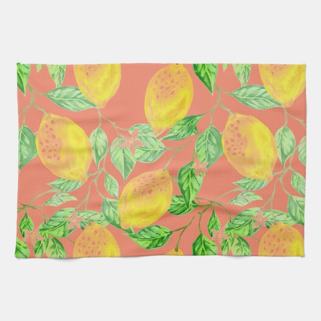 Linge De Cuisine Fruit citron motif jaune et pêche rose (Horizontal)