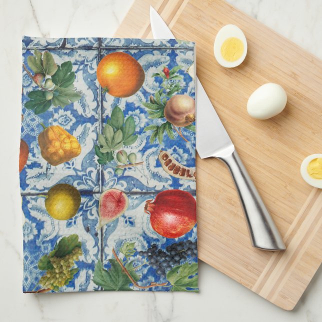 Linge De Cuisine Fruit d'été méditerranéen & Mosaïque Bleue Blanc (Quart Plié)