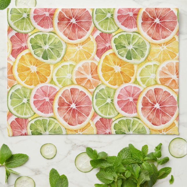Linge De Cuisine Fruits Citriques Lime Citron Orange Pamplemousse (Plié)