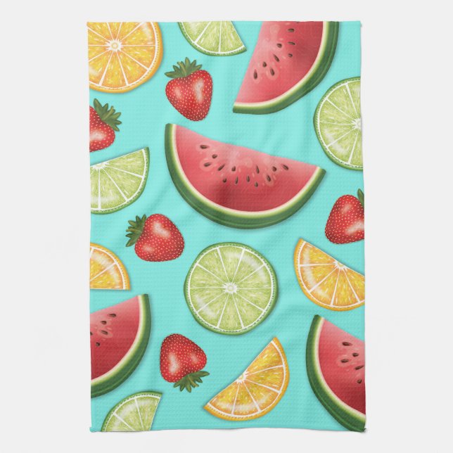 Linge De Cuisine Fruits Colorés Sur Un Motif Estival Sucré Bleu (Vertical)