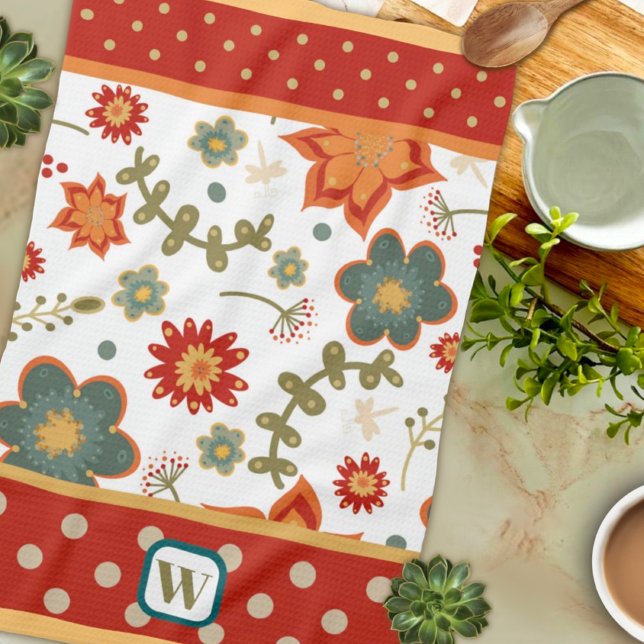 Linge De Cuisine Fun Chic Dots Modernes Floral Monogramme Initial (Créateur téléchargé)