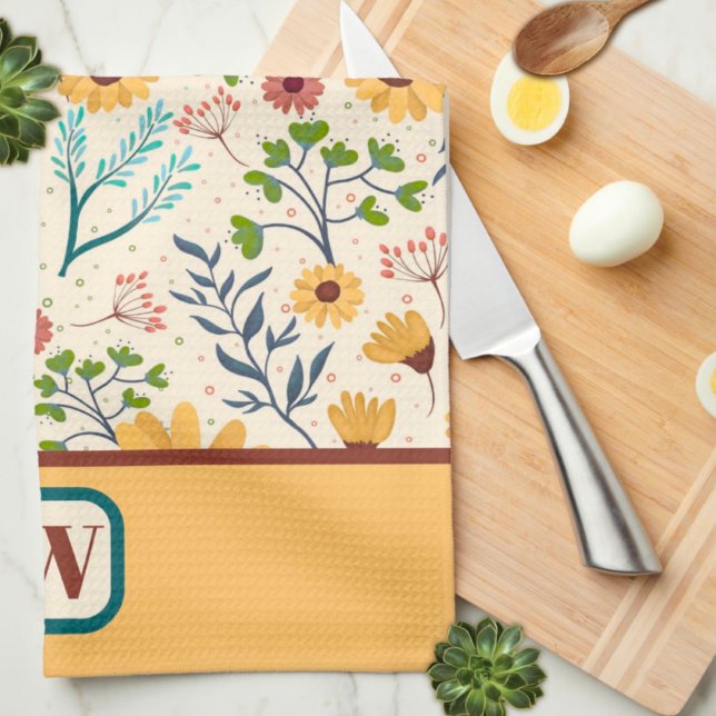 Linge De Cuisine Fun Chic moderne marguerite Floral Monogramme init (Créateur téléchargé)
