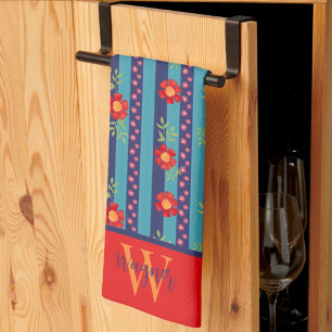 Linge De Cuisine Fun Floral Stripe Stylé Personnalisé Nom initial