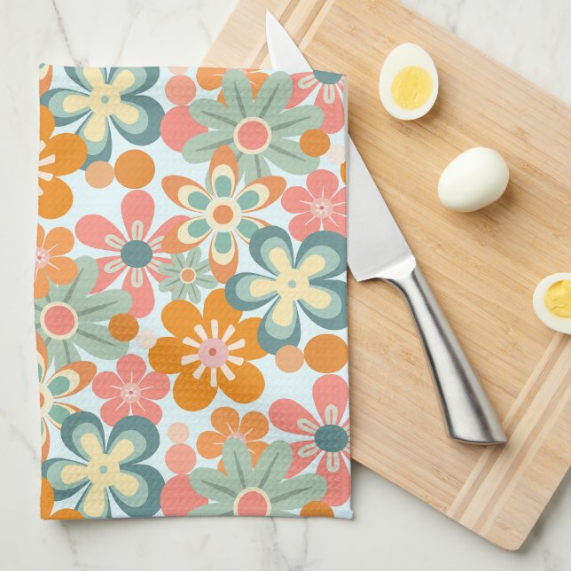 Linge De Cuisine Fun Orange Green Rose Retro Flower Motif (Quart Plié)