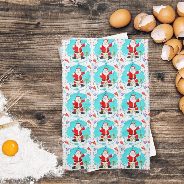 Linge De Cuisine Funky Père Noël Pêche Sur Glace Avec Motif Ours Po (Decorate your kitchen with reel fun for the fishing family!)