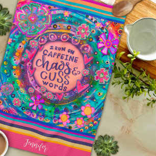 Linge De Cuisine Funny Caffeine Chaos Cuss Mots Floral Nom de la ba
