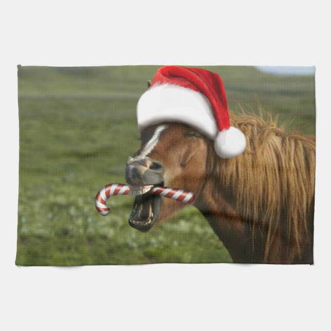 Linge De Cuisine Funny Christmas horse with Santa a smiling (Horizontal)