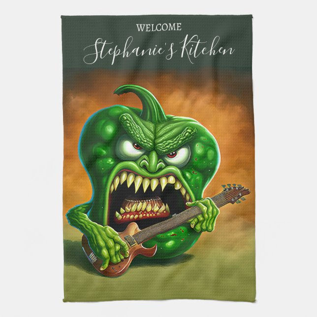 Linge De Cuisine Funny Monster Green Bell Poivre Rocker Guitare (Vertical)