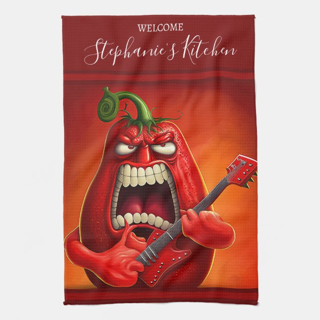 Linge De Cuisine Funny Monster Red Bell Pepper Rocker Guitare (Vertical)