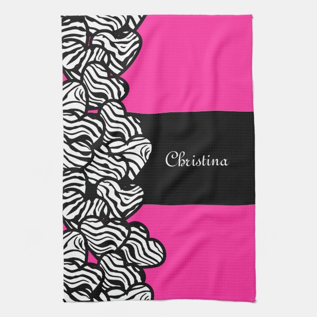 Linge De Cuisine Fuschia rose noir blanc zèbre motif nom du coeur (Vertical)