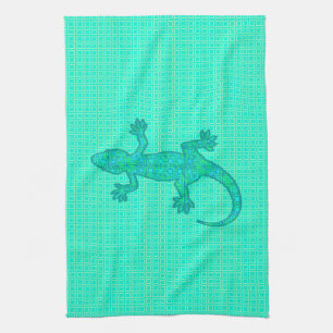 Linge De Cuisine Gecko tribal de batik - turquoise/paon
