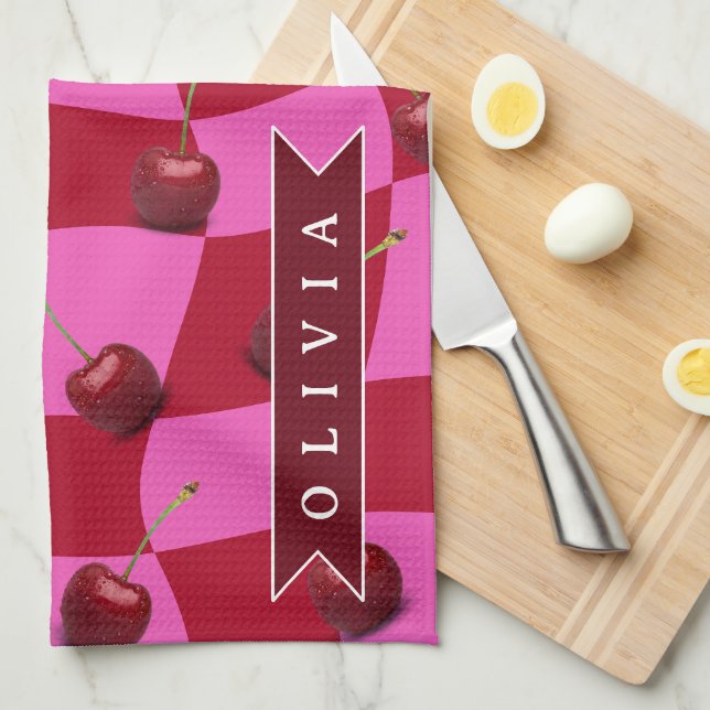 Linge De Cuisine Gingham Cerise Personnalisé Rétro Nom Personnalisé (Quart Plié)