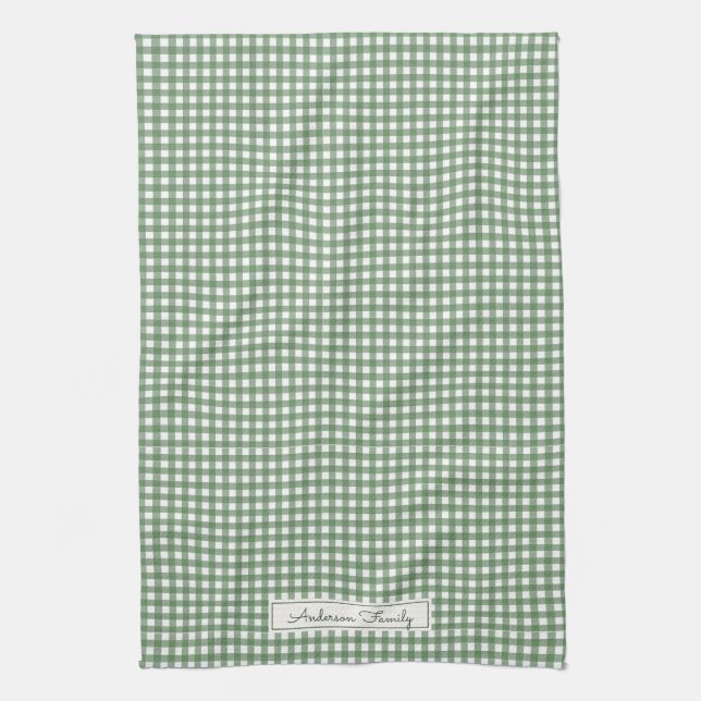 Linge De Cuisine Gingham Pattern in Green with Name (Vertical)