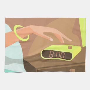 Linge De Cuisine Girls hand pushing on alarm clock snooze button