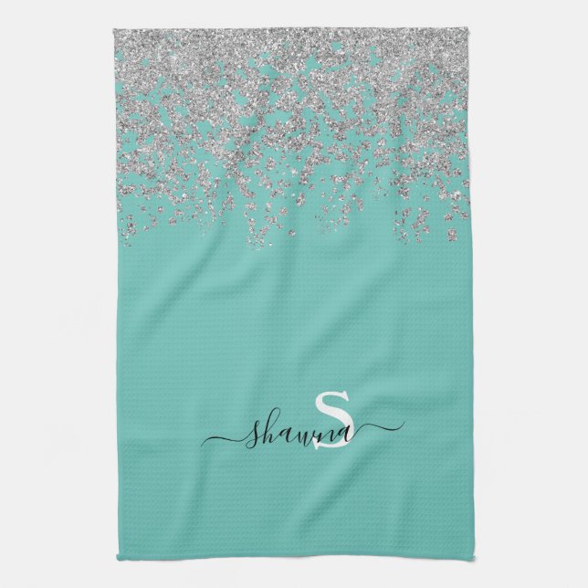 Linge De Cuisine Girly Argent et Monogramme Turquoise Paillettes (Vertical)