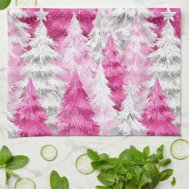 Linge De Cuisine Girly Pink Silver Glam Christmas Trees Stripes (Plié)