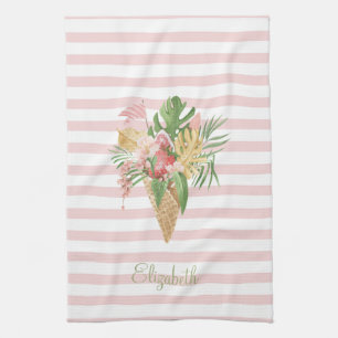 Linge De Cuisine Glace,Tropical Leaves Fruit, Rayures roses