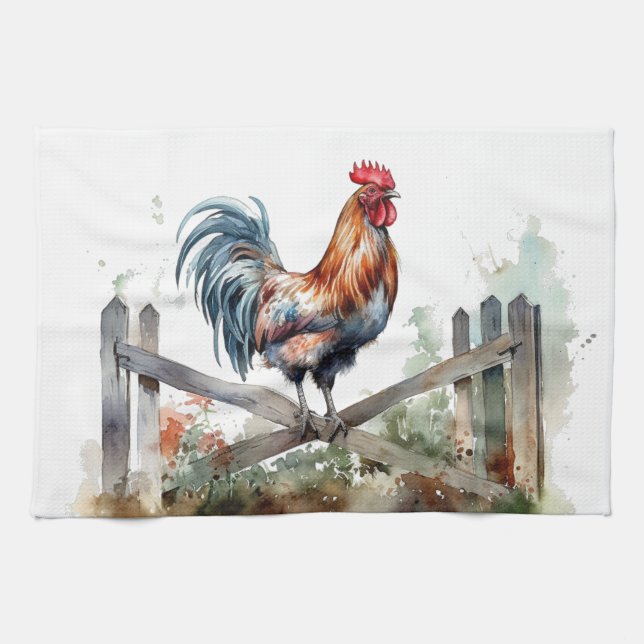 Linge De Cuisine Gloire du matin : Coq d'aquarelle (Horizontal)