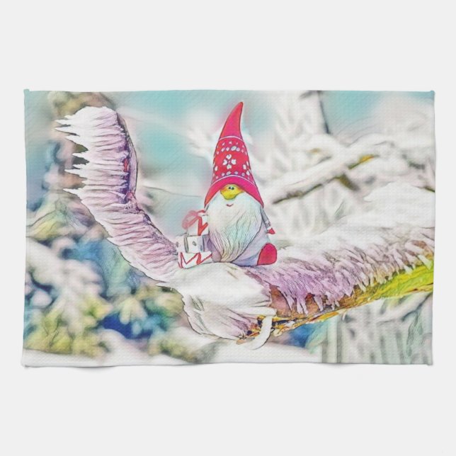 Linge De Cuisine Gnomes dans la peinture à l'aquarelle de la neige (Horizontal)