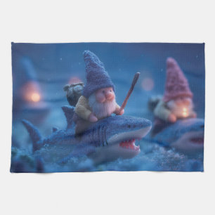 Linge De Cuisine Gnomes Whimsical chevauchant des requins
