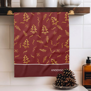 Linge De Cuisine Gold Foil Noël Arbre Motif Red Holiday