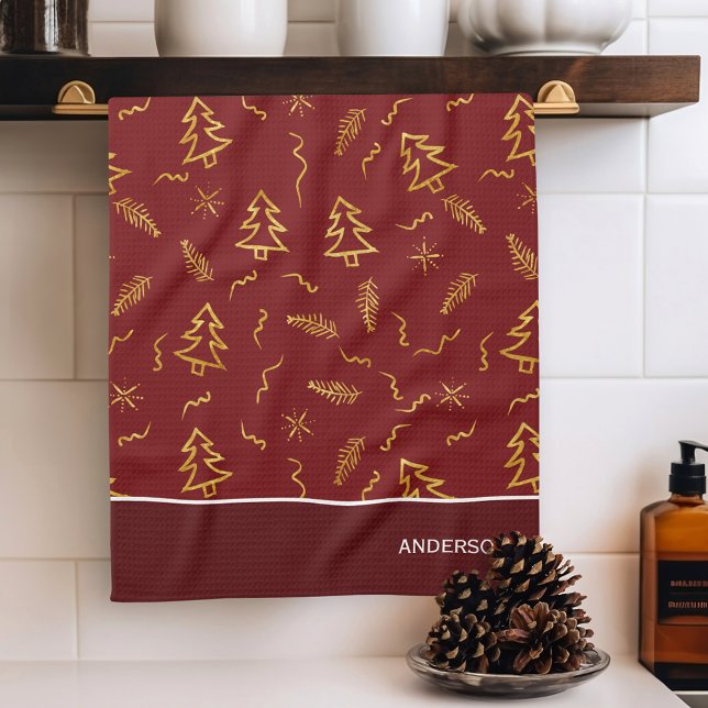 Linge De Cuisine Gold Foil Noël Arbre Motif Red Holiday (Créateur téléchargé)