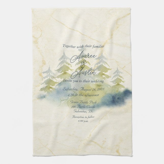 Linge De Cuisine Gold Mountain Contexte Green Blue Trees Invitation (Vertical)