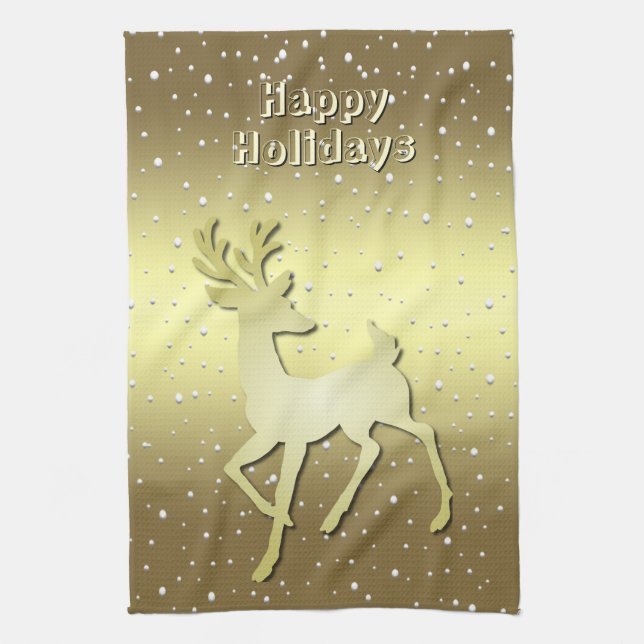 Linge De Cuisine Golden Reindeer Snowy Holiday Kitchen Towel (Vertical)