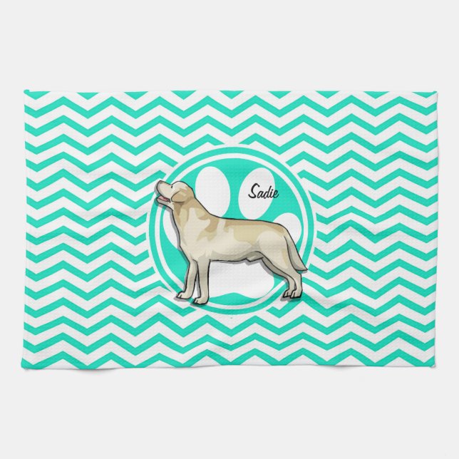 Linge De Cuisine Golden Retriever ; Aqua Green Chevron (Horizontal)