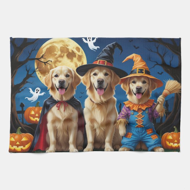 Linge De Cuisine Golden Retriever Chiens Citrouille Halloween Funny (Horizontal)