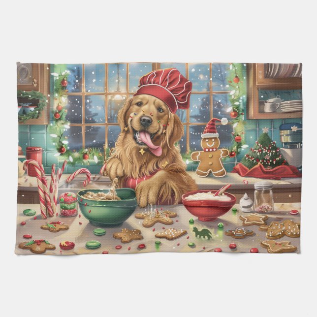 Linge De Cuisine Golden Retriever Gâteau de vacances : Noël festif (Horizontal)